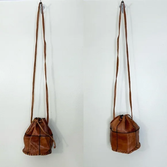 VINTAGE BROWN PATCHWORK LEATHER DRAWSTRING CROSSBODY BAG - Picture 11 of 11